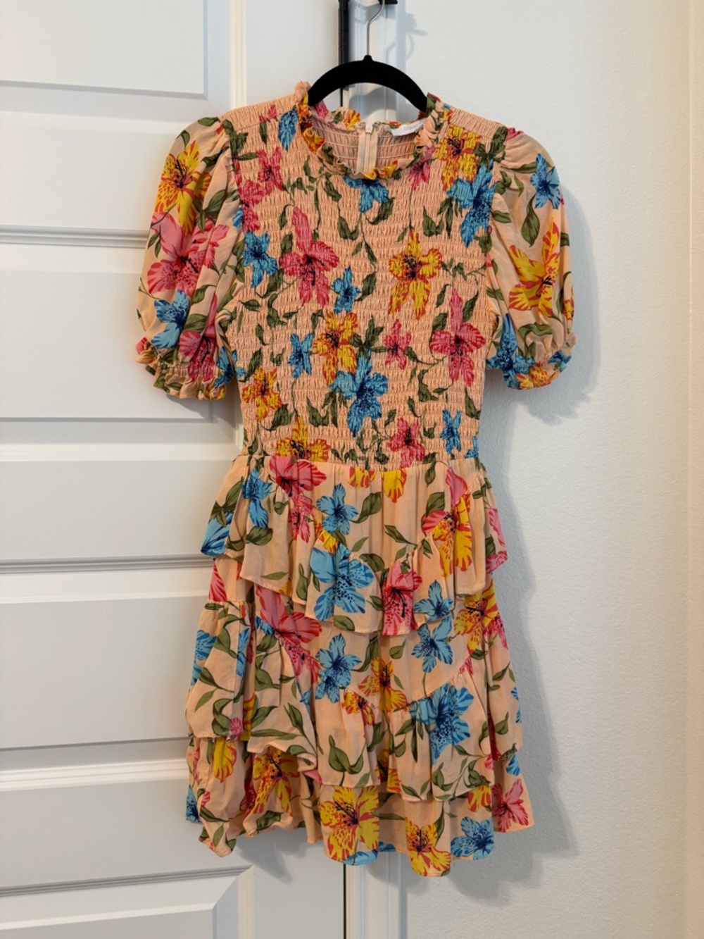 Olivaceous Peach Multicolor Floral Smocked Dress